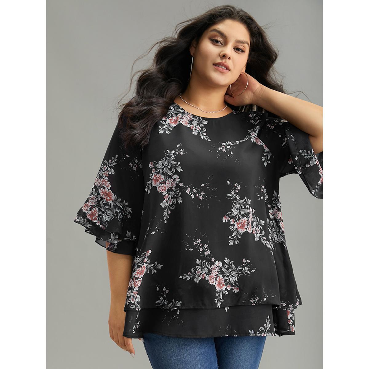 Plus Size BlackFlower Floral Chiffon Ruffle Sleeve Mesh Patchwork Blouse Women Elegant Elbow-length sleeve Round Neck Everyday Blouses BloomChic 12/L Product Image