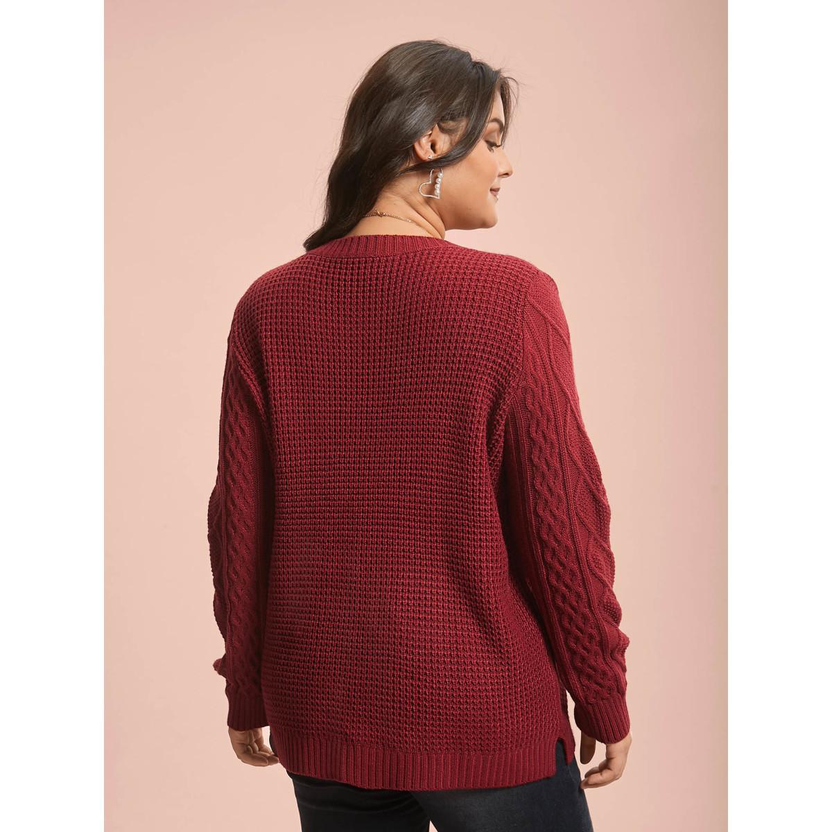 Plus Size Crew Neck Split Hem Textured Pullover Brightred Women Casual Loose Long Sleeve Round Neck Everyday Pullovers BloomChic 26/4X Product Image