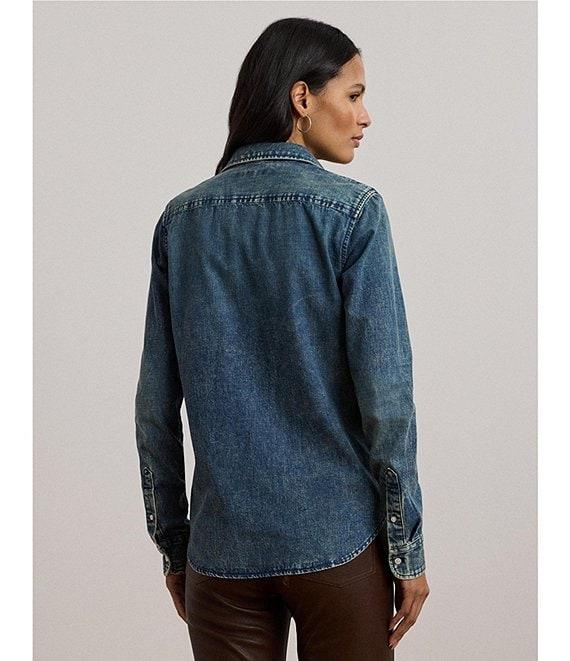 Lauren Ralph Lauren Petite Size Jamelko Point Collar Long Sleeve Classic Fit Denim Shirt Product Image