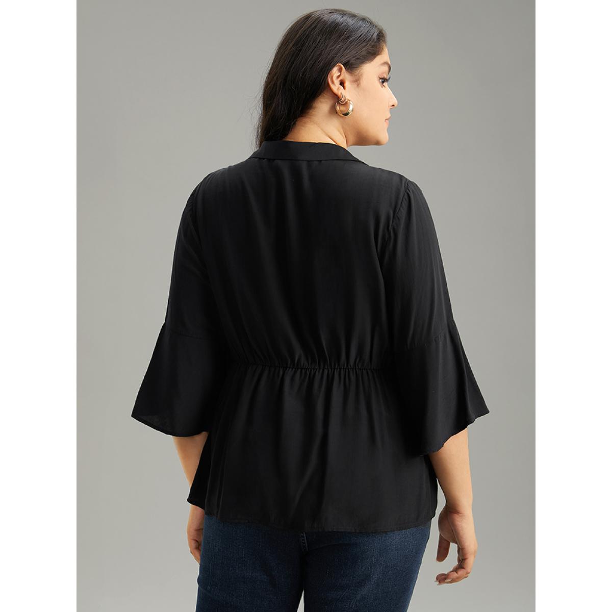 Plus Size Black Plain Button Detail Bell Sleeve Blouse Women Office Elbow-length sleeve Shirt collar Work Blouses BloomChic 10/M Product Image