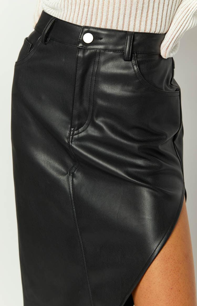 Maze Black Asymmetric PU Midi Skirt Product Image