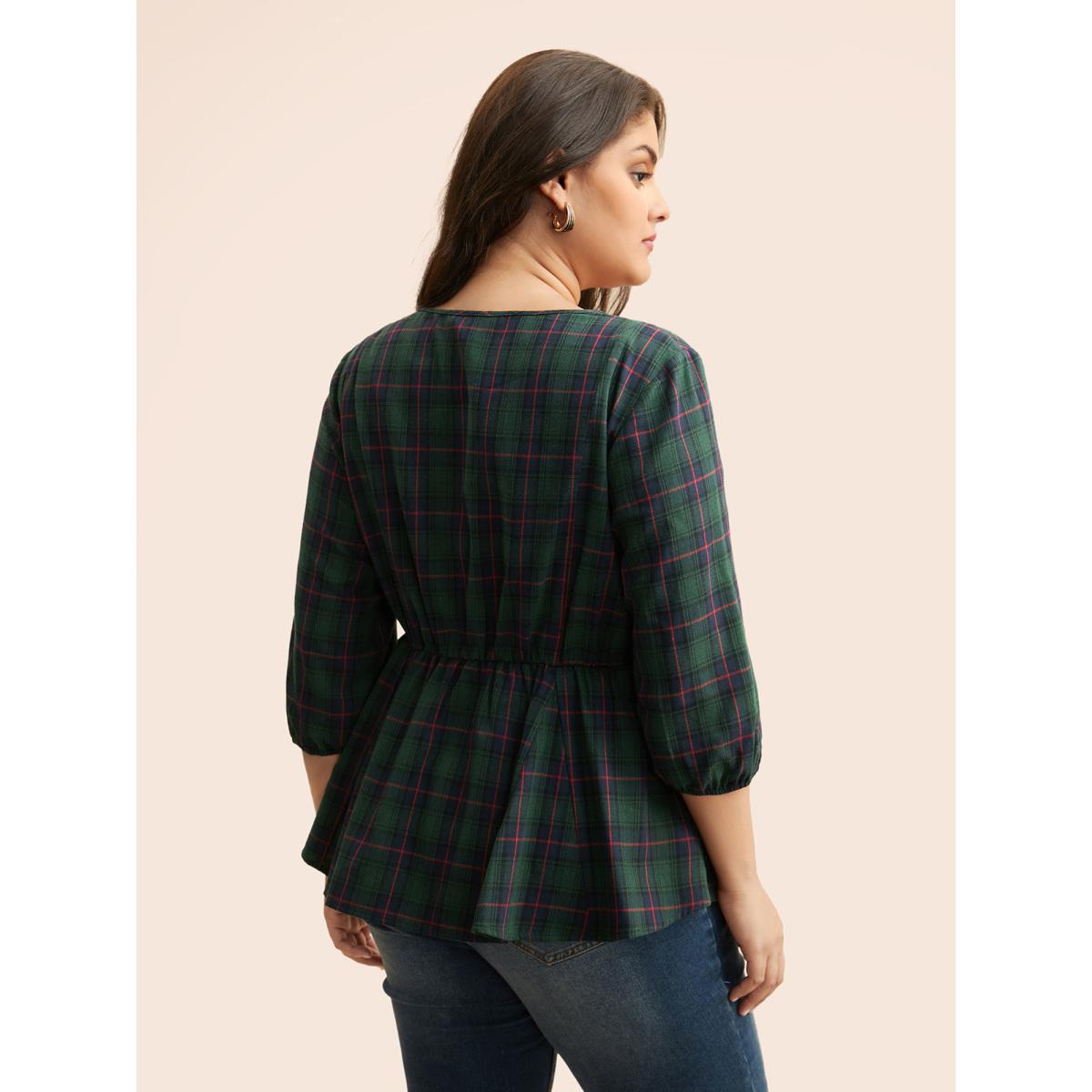 Plus Size DarkGreen Plaid Button Detail Lantern Sleeve Blouse Women Elegant Elbow-length sleeve V-neck Everyday Blouses BloomChic 28/5X Product Image