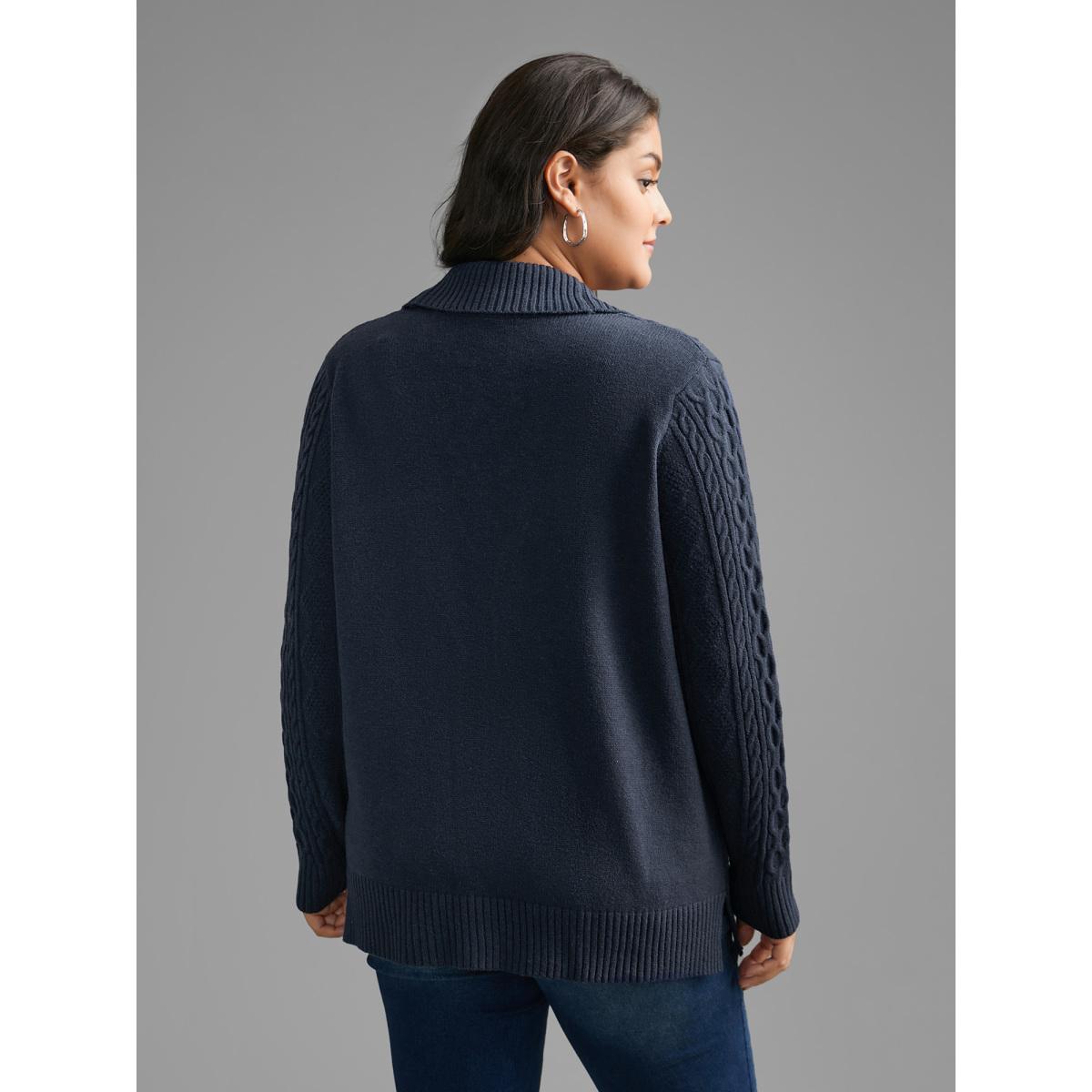 Plus Size Floral Jacquard Cable Knit Pocket Cardigan Indigo Women Casual Loose Long Sleeve Everyday Cardigans BloomChic 14-16/1X Product Image