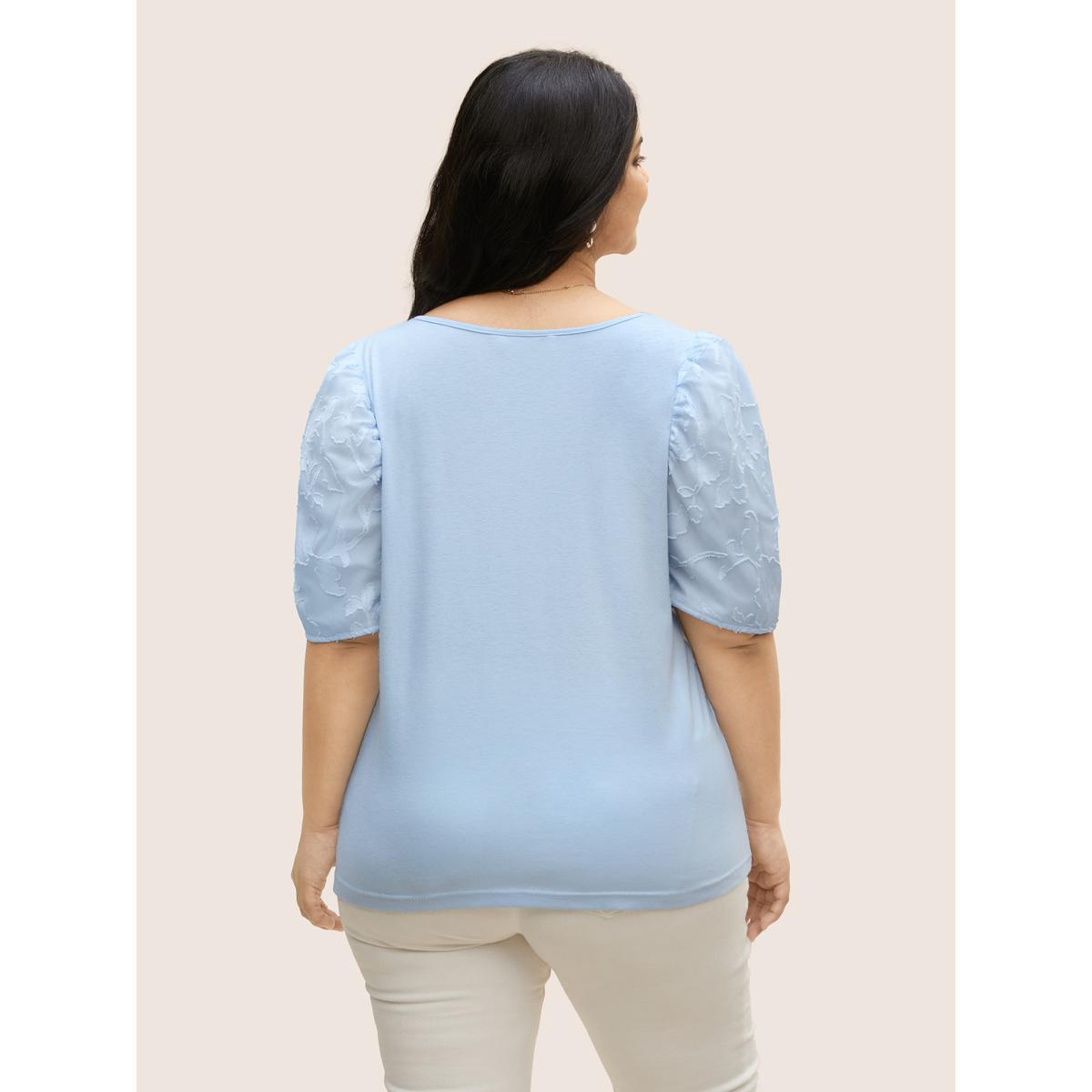 Plus Size U Neck Chiffon Patchwork Bishop Sleeve T-shirt LightBlue Women Elegant Gathered U-neck Everyday T-shirts BloomChic 22-24/3X Product Image