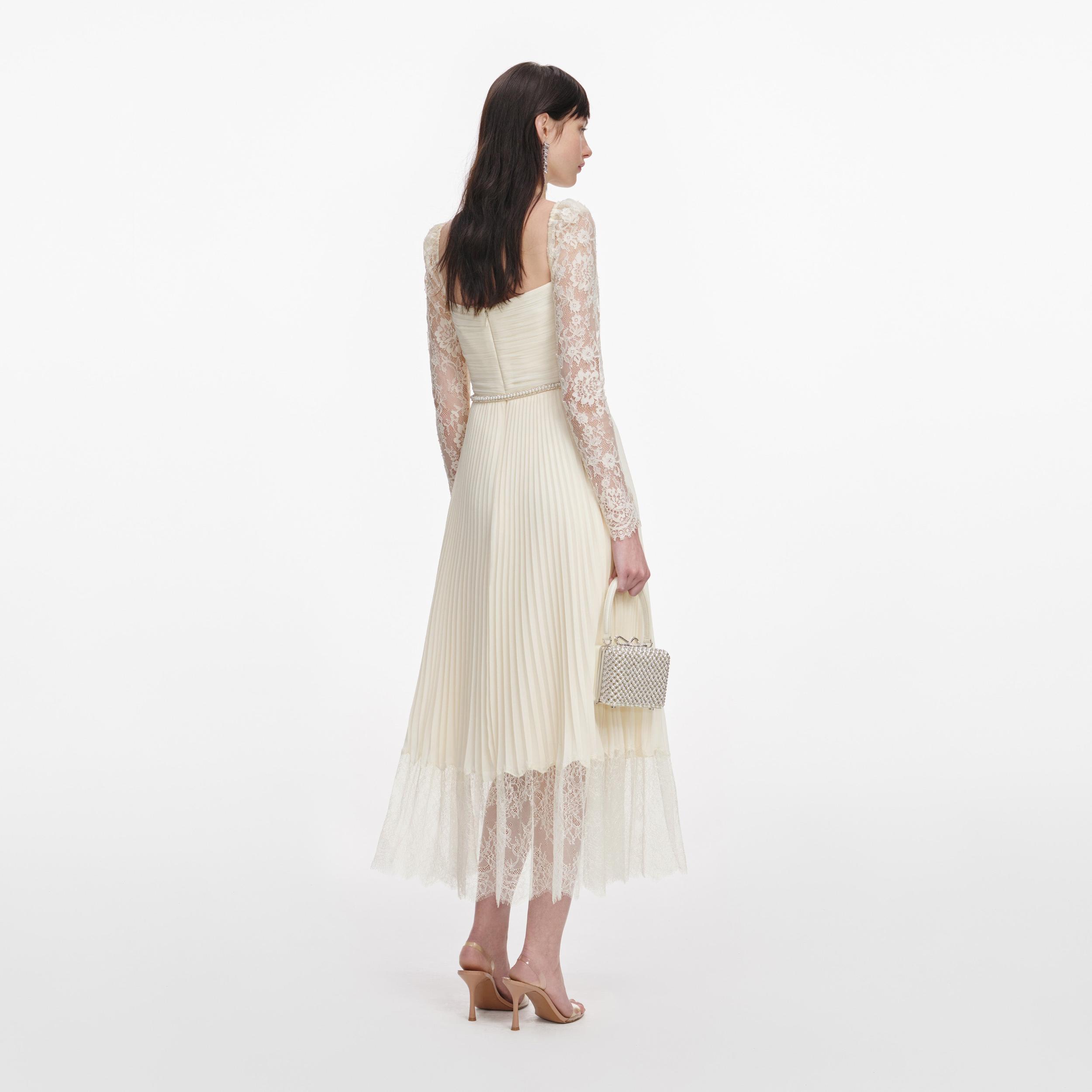 Cream Chiffon Lace Midi Dress Product Image