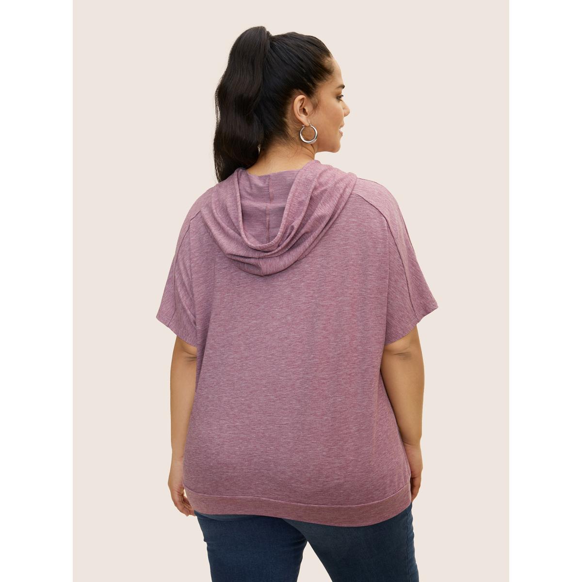 Plus Size Plain Hooded Drawstring Raglan Sleeve T-shirt Mauve Women Casual Drawstring Hooded Everyday T-shirts BloomChic 14-16/1X Product Image