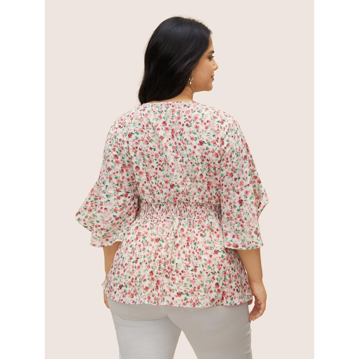 Plus Size Watermelon Ditsy Floral Overlap Collar Ruffles Shirred Blouse Women Elegant Half Sleeve Overlap Collar Everyday Blouses BloomChic 14-16/1X Product Image