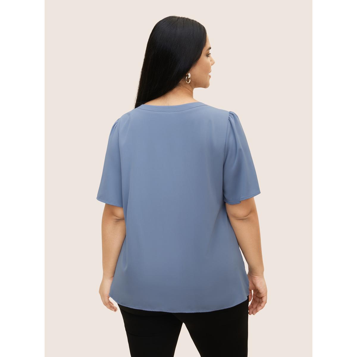 Plus Size Stone Keyhole Metal Chain Detail Ruffle Sleeve Blouse Women Work From Home Short sleeve Round Neck Work Blouses BloomChic 22-24/3X Product Image