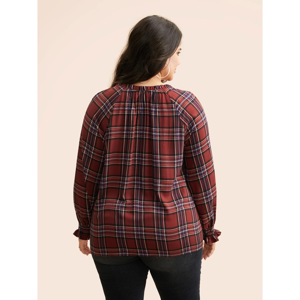 Plus Size Browncoffeecolor Plaid Contrast Webbing Ruffle Trim Blouse Women Elegant Long Sleeve Flat collar with V-notch Everyday Blouses BloomChic 12/L Product Image
