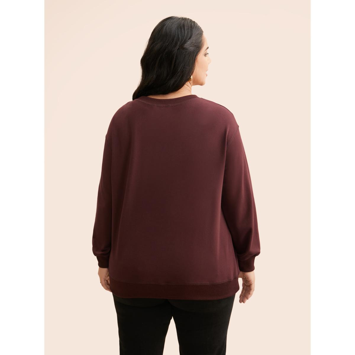 Plus Size Letter Embroidered Round Neck Sweatshirt Women Maroon Casual Patchwork Loose Round Neck Everyday Sweatshirts BloomChic 10/M Product Image