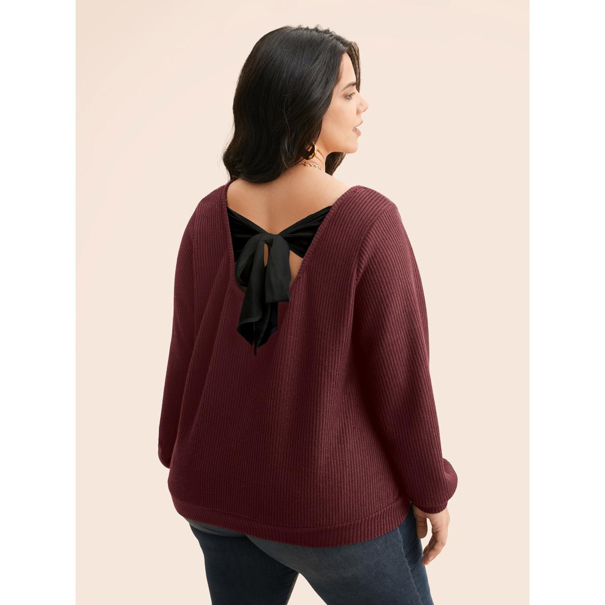 Plus Size Textured Contrast Tie Knot Sweatshirt Women Burgundy Elegant Tie knot V-neck Everyday Sweatshirts BloomChic 26/4X Product Image