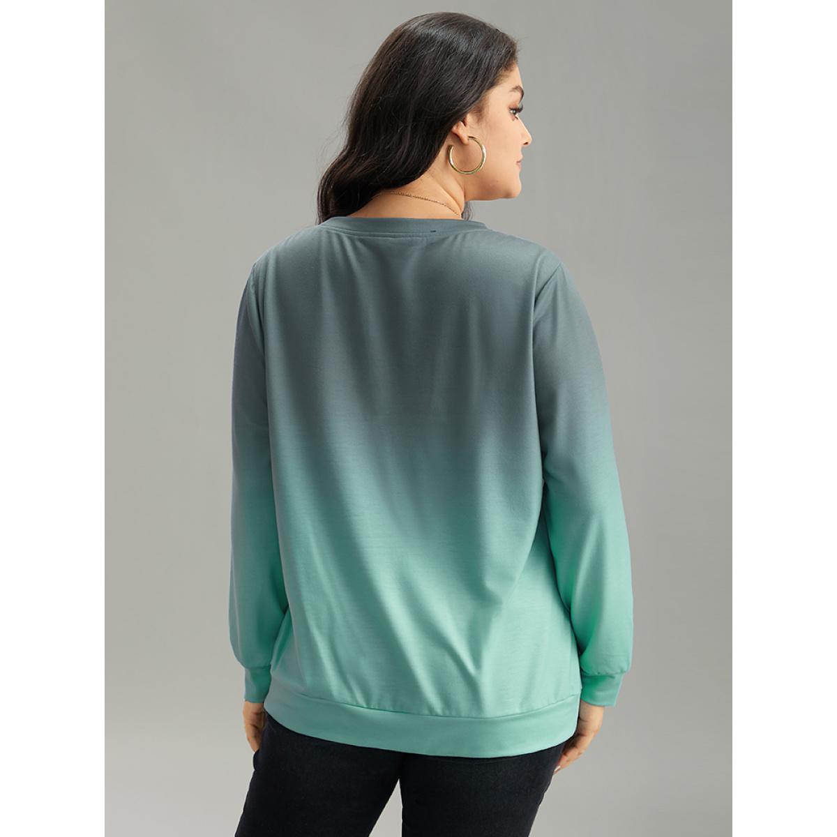 Plus Size Letter Print Ombre Crew Neck Sweatshirt Women Cyan Casual Printed Dailywear Sweatshirts BloomChic 22-24/3X Product Image