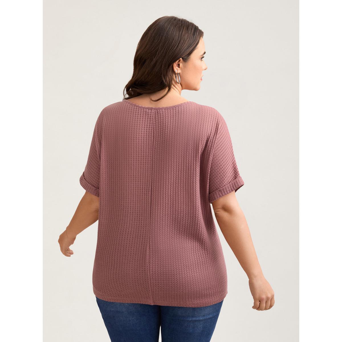 Plus Size Waffle Knit Stretchy Button Split Neck T-Shirt DustyPink Women Leisure Texture Flat collar with V-notch Casual T-shirts BloomChic 30/6X Product Image