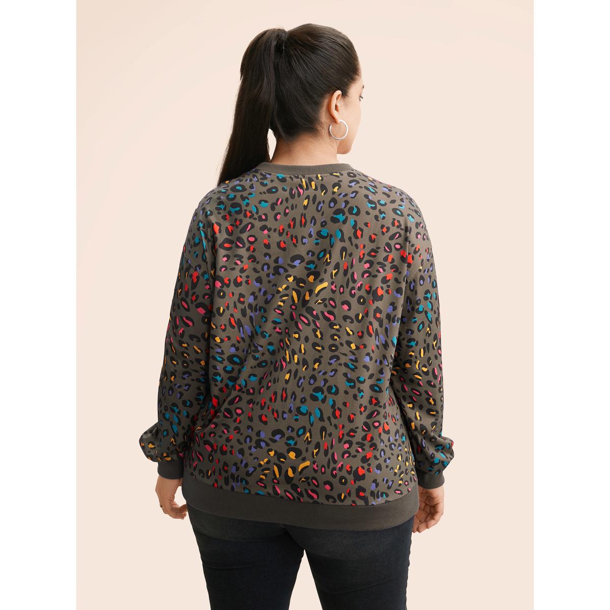 Plus Size Round Neck Color Leopard Print Sweatshirt Women Indigo Casual Contrast Round Neck Everyday Sweatshirts BloomChic 14-16/1X Product Image
