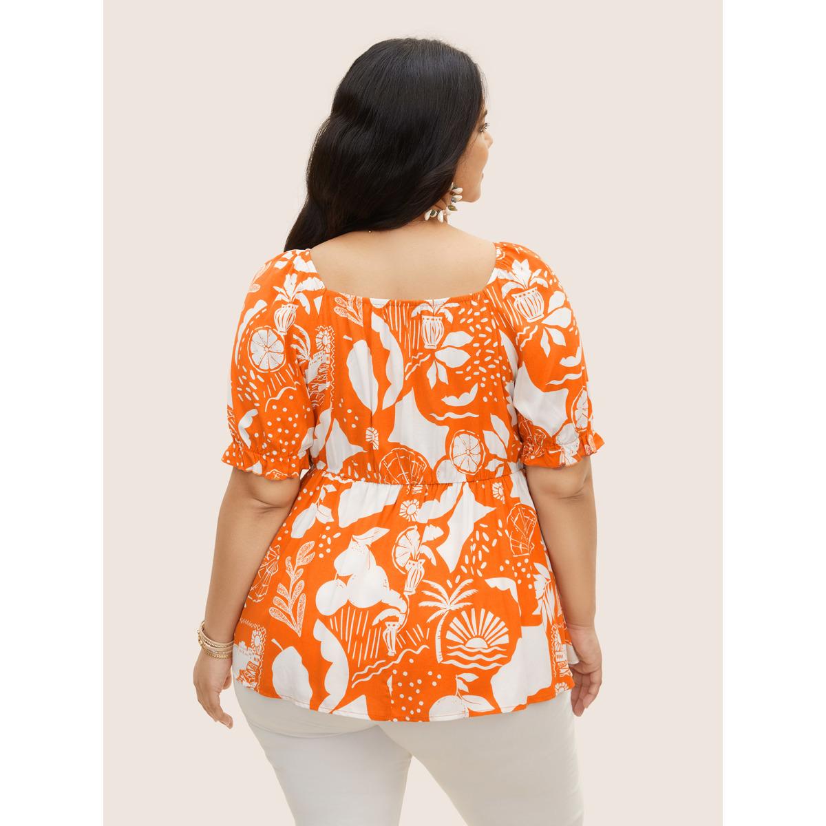 Plus Size Brightorange Tropical Print Bowknot Shirred Lantern Sleeve Blouse Women Resort Short sleeve V-neck Vacation Blouses BloomChic 10/M Product Image