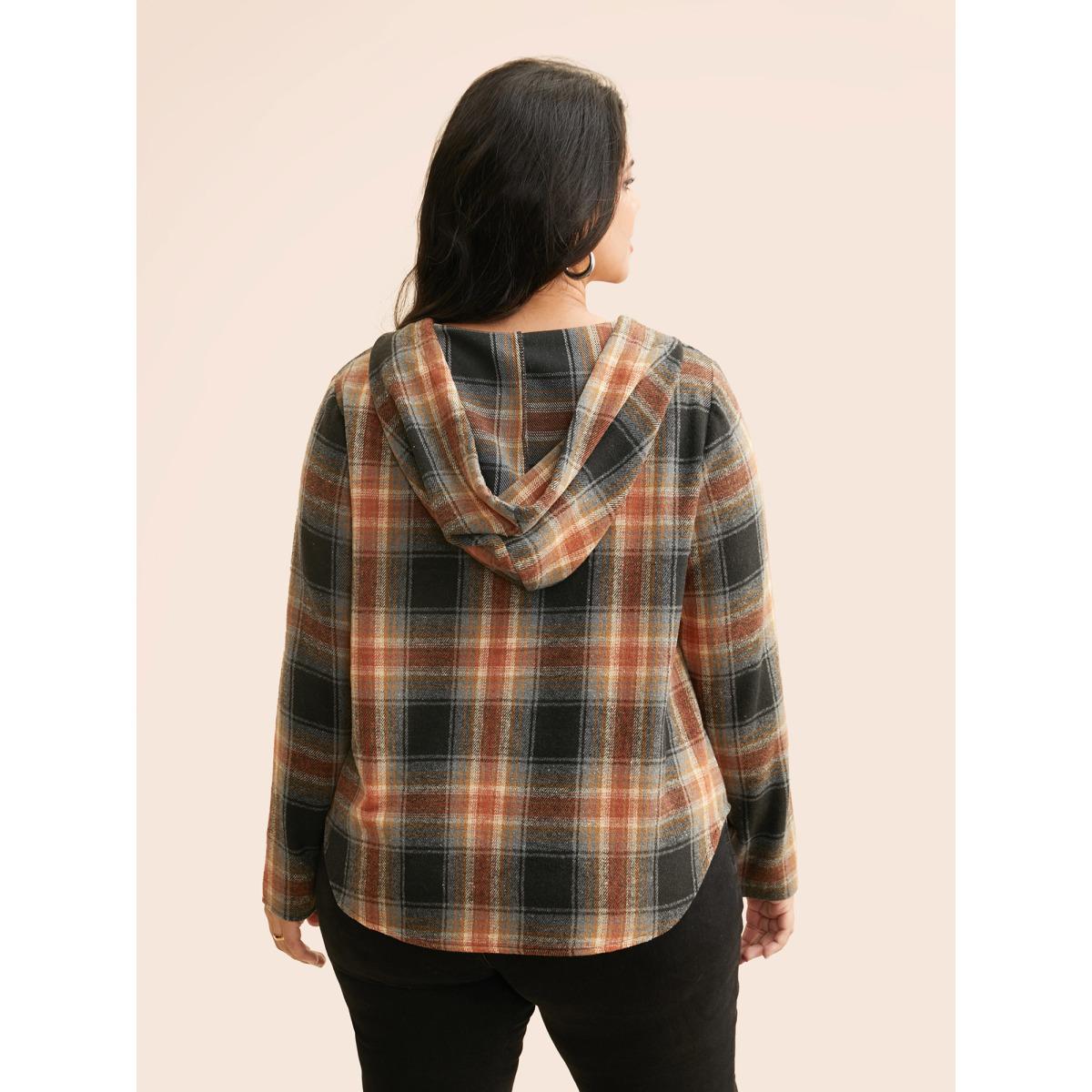 Plus Size Brushed Fabric Plaid Hooded Sweatshirt Women Black Casual Drawstring Hooded Everyday Sweatshirts BloomChic 22-24/3X Product Image