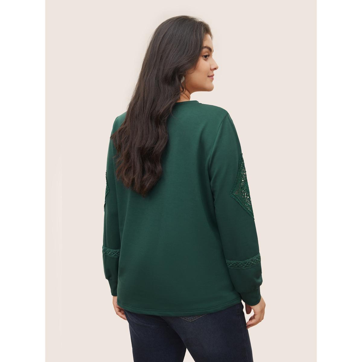 Plus Size Plain Guipure Lace Eyelet Sweatshirt Women DarkGreen Casual Cut-Out Round Neck Everyday Sweatshirts BloomChic 10/M Product Image