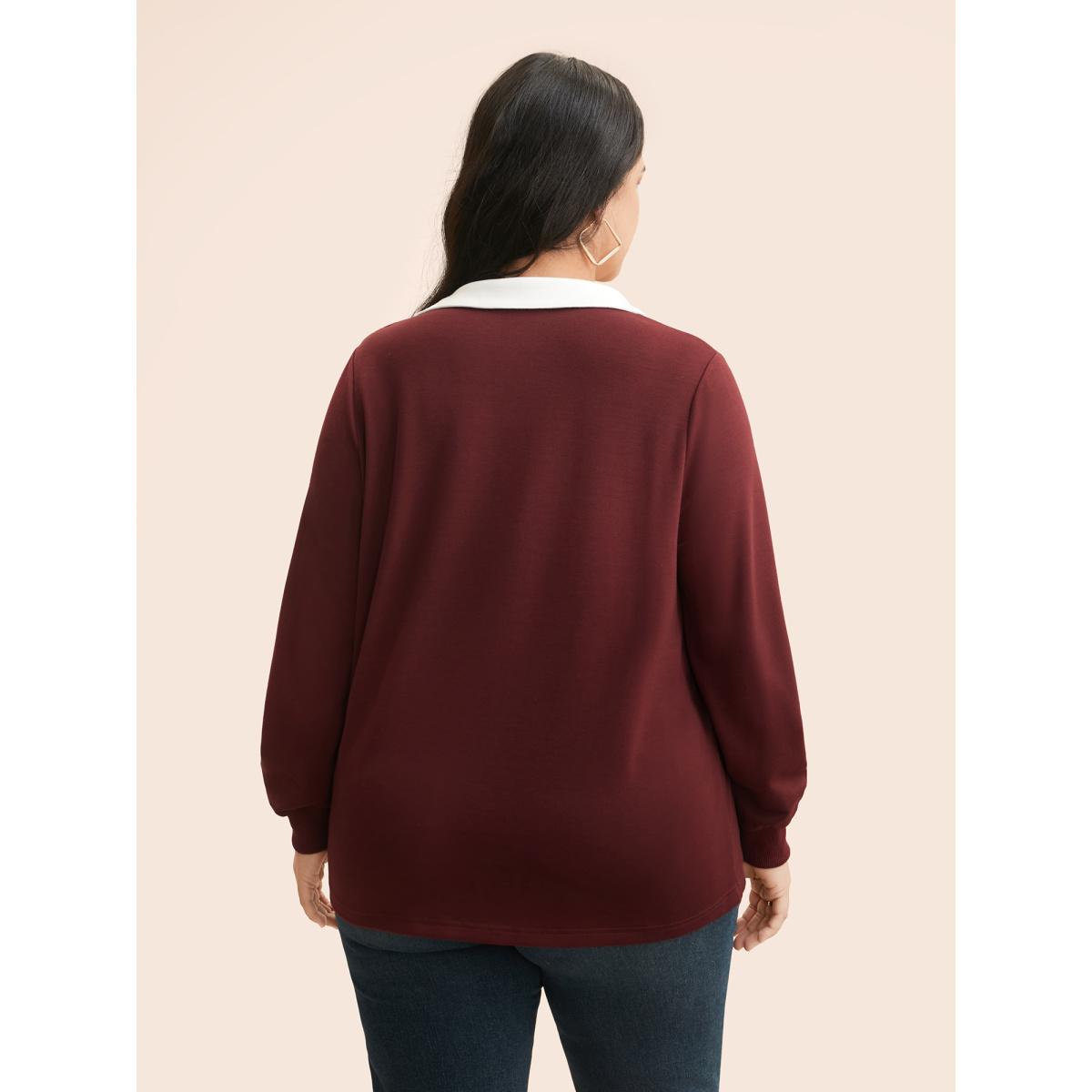 Plus Size Polo Neck Contrast Patchwork Sweatshirt Women Burgundy Casual Contrast Polo Everyday Sweatshirts BloomChic 14-16/1X Product Image