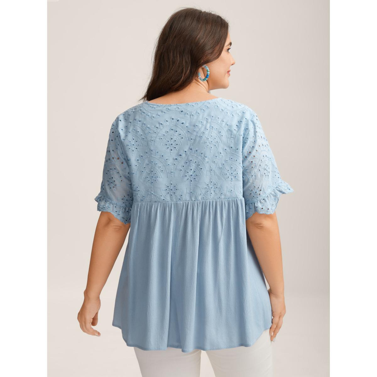 Plus Size LightBlue Rayon Eyelet Flowy Blouse Women Short sleeve V-neck Vacation Blouses BloomChic 18-20/2X Product Image