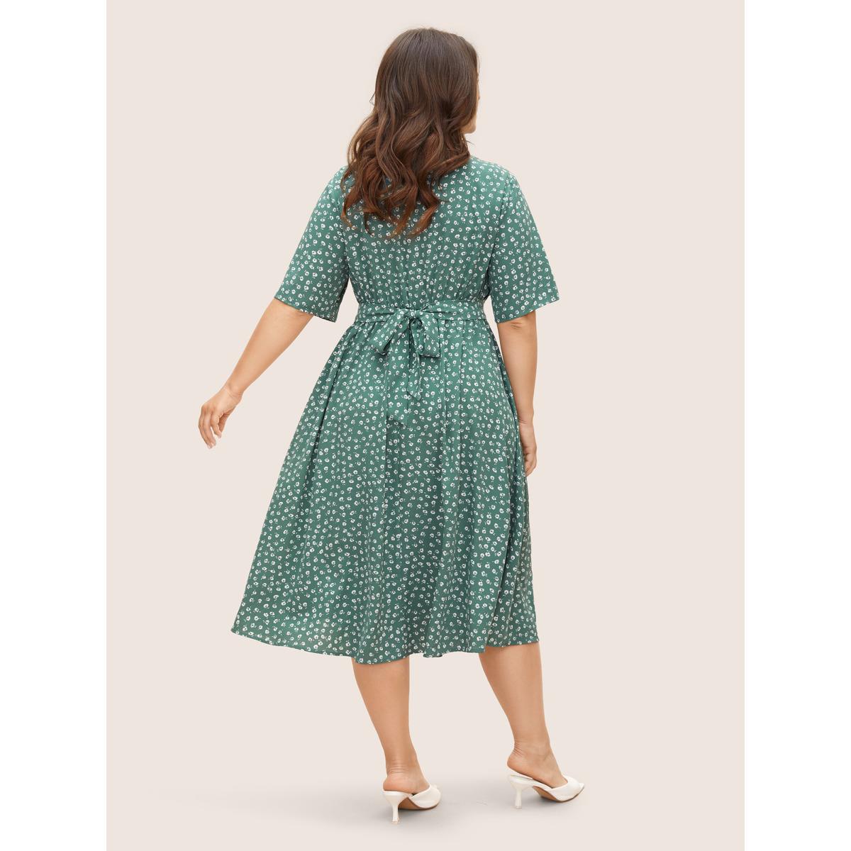 Plus Size Lapel V-Neck Midi Dress Emerald Women Elegant Tie knot Shawl collar Half Sleeve Curvy BloomChic 10/M Product Image