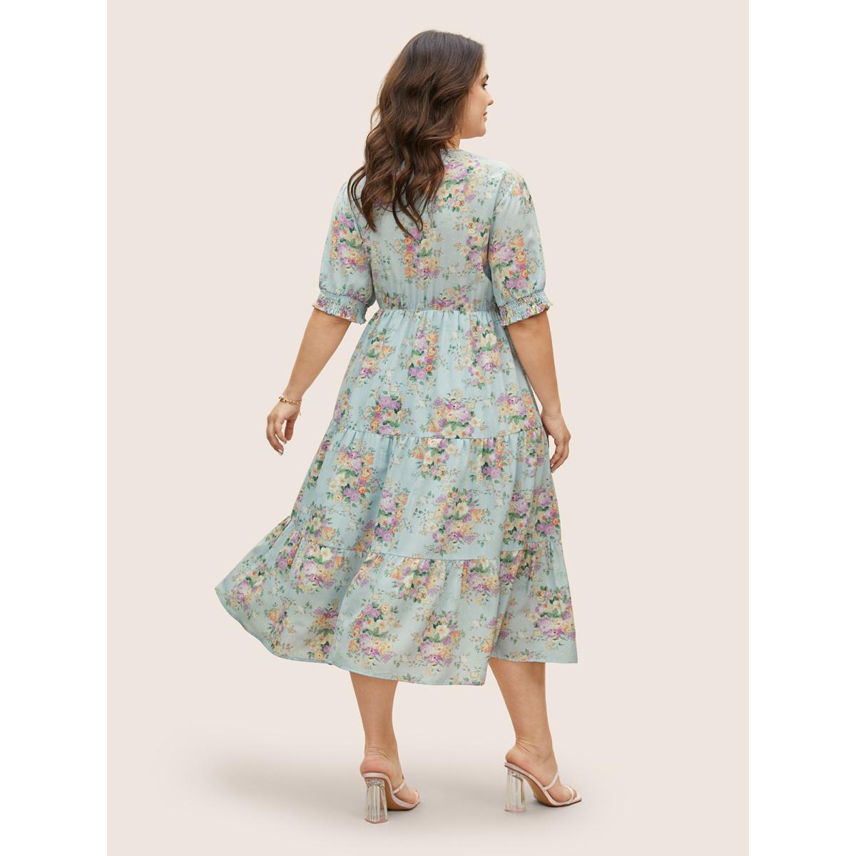Plus Size Floral Shirred Tie Knot Lantern Sleeve Dress LightBlue Women Elegant Tie knot Notched collar Half Sleeve Curvy BloomChic 26/4X Product Image