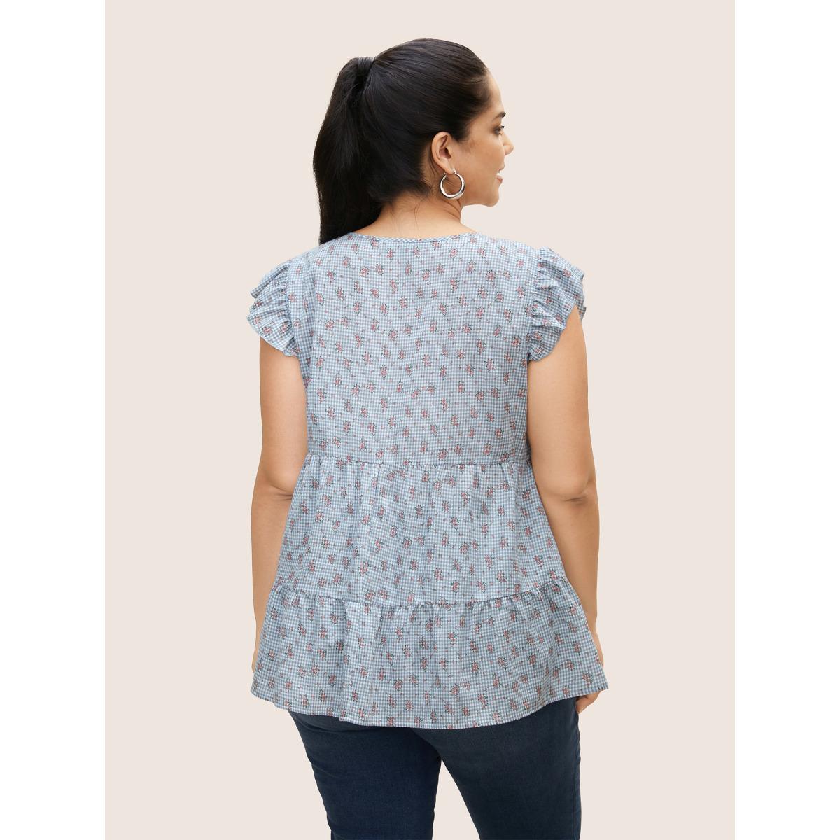 Plus Size LightBlue Gingham Ditsy Floral Ruffle Cap Sleeve Blouse Women Casual Cap Sleeve V-neck Everyday Blouses BloomChic 12/L Product Image