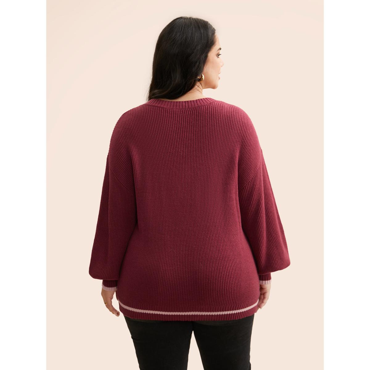 Plus Size Supersoft Essentials V Neck Contrast Trim Pullover Burgundy Women Leisure Long Sleeve V-neck Casual Pullovers BloomChic 28/5X Product Image
