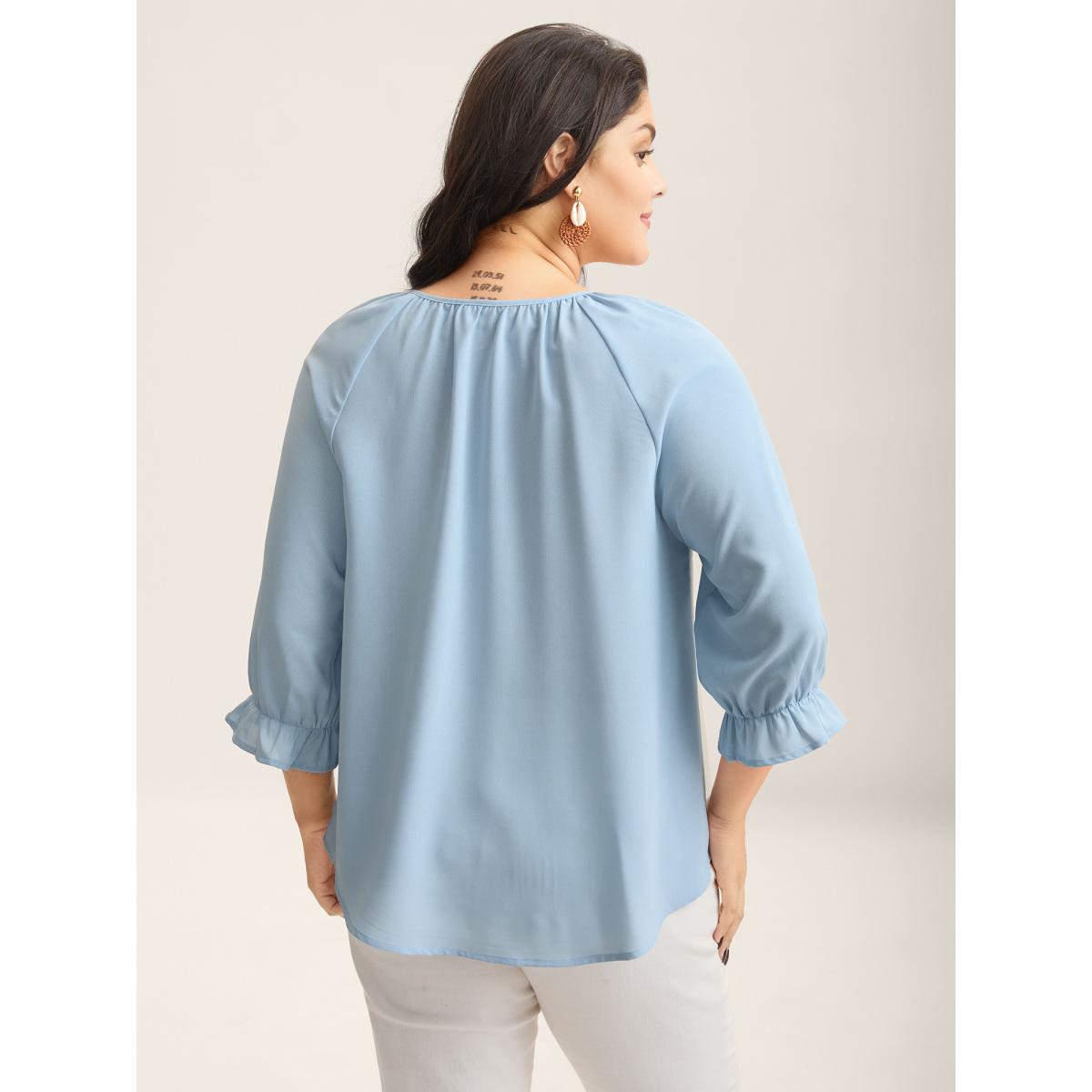 Plus Size LightBlue Boho Print Neck Tassels Shirt Women Resort Elbow-length sleeve Notched collar Vacation Blouses BloomChic 26/4X Product Image