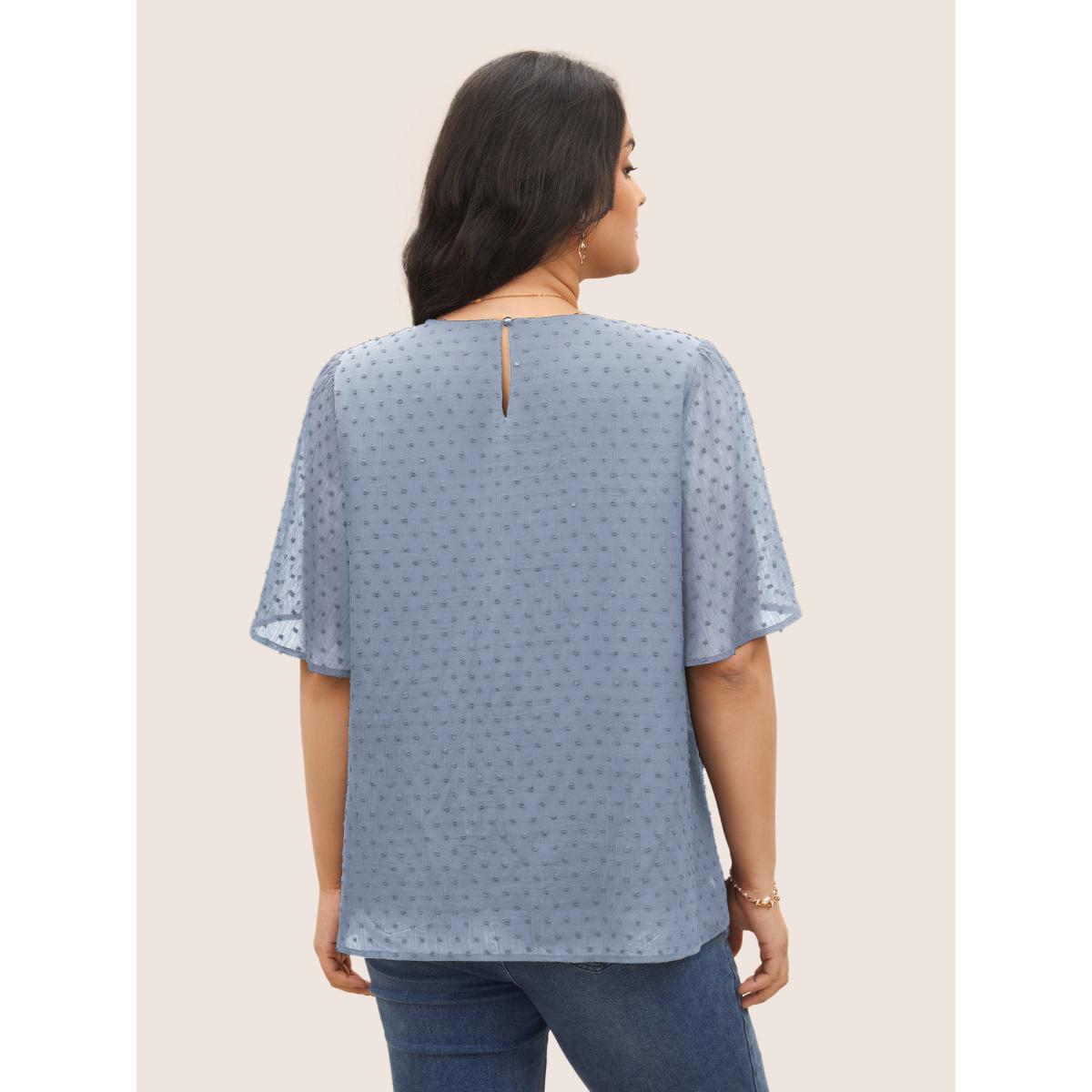 Plus Size LightBlue Solid Texture Lace Trim See Through Gathered Blouse Women Elegant Short sleeve Round Neck Everyday Blouses BloomChic 22-24/3X Product Image