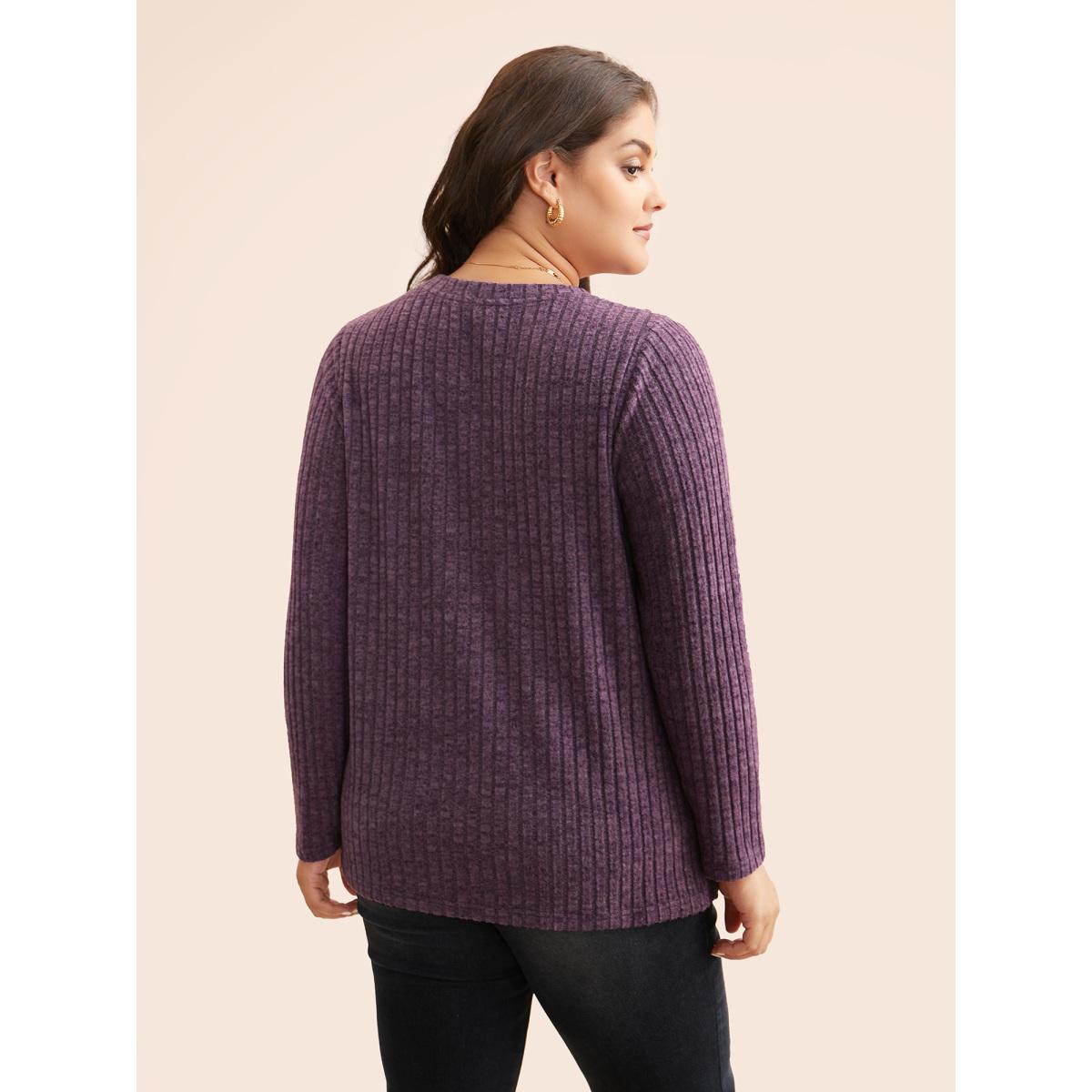 Plus Size V Neck Button Detail Rib Knit T-shirt Mauve Women Elegant Texture V-neck Everyday T-shirts BloomChic 22-24/3X Product Image