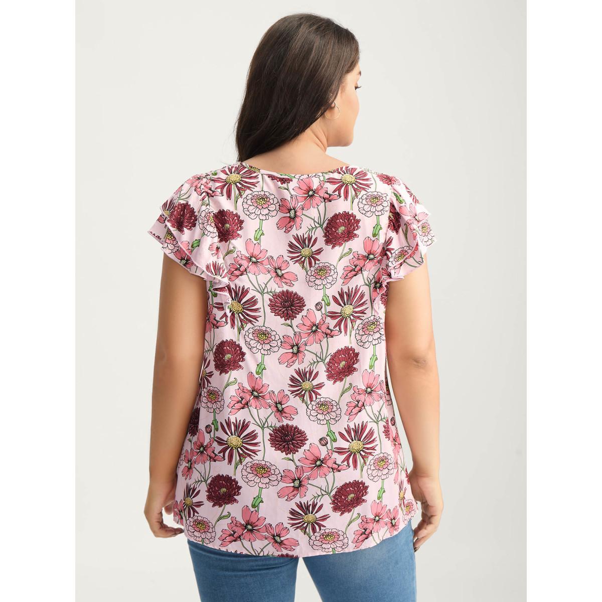 Plus Size Lightpink Large Floral Print Layered Sleeve Blouse Women Cap Sleeve Round Neck Everyday-Elegant Blouses BloomChic 28/5X Product Image