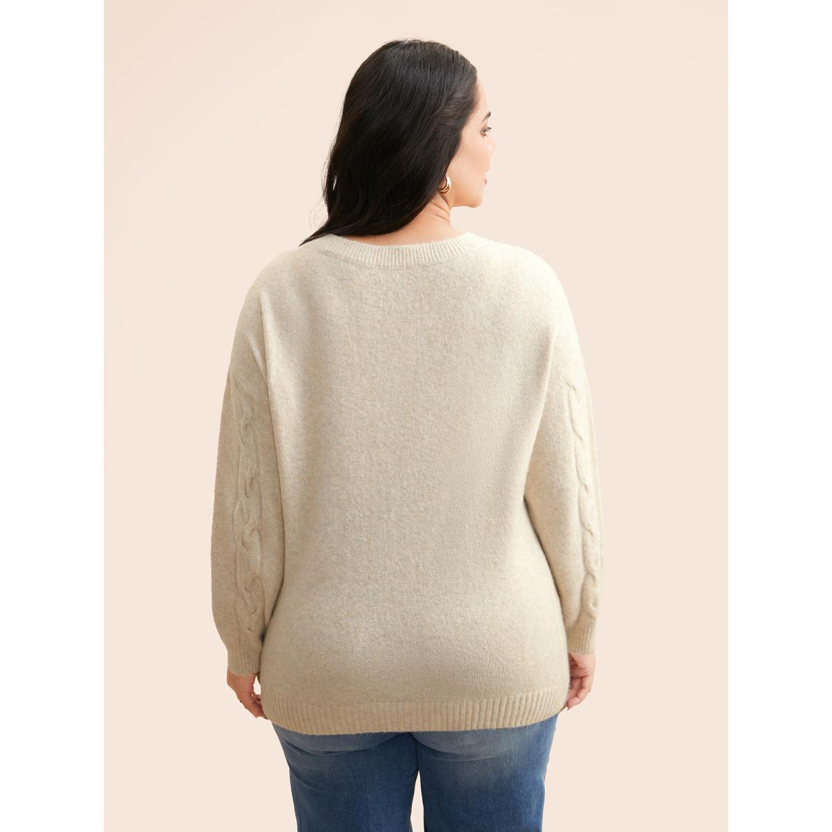 Plus Size Supersoft Essentials Solid Cable Knit Puff Sleeve Pullover Apricot Women Casual Long Sleeve V-neck Everyday Pullovers BloomChic 22-24/3X Product Image
