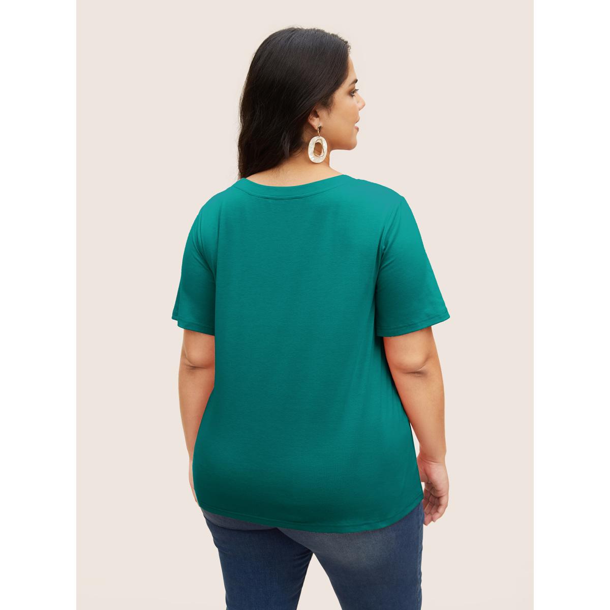 Plus Size Tropical Coconut Tree Print Round Neck T-shirt Teal Women Resort Contrast Art&design Round Neck Vacation T-shirts BloomChic 14-16/1X Product Image