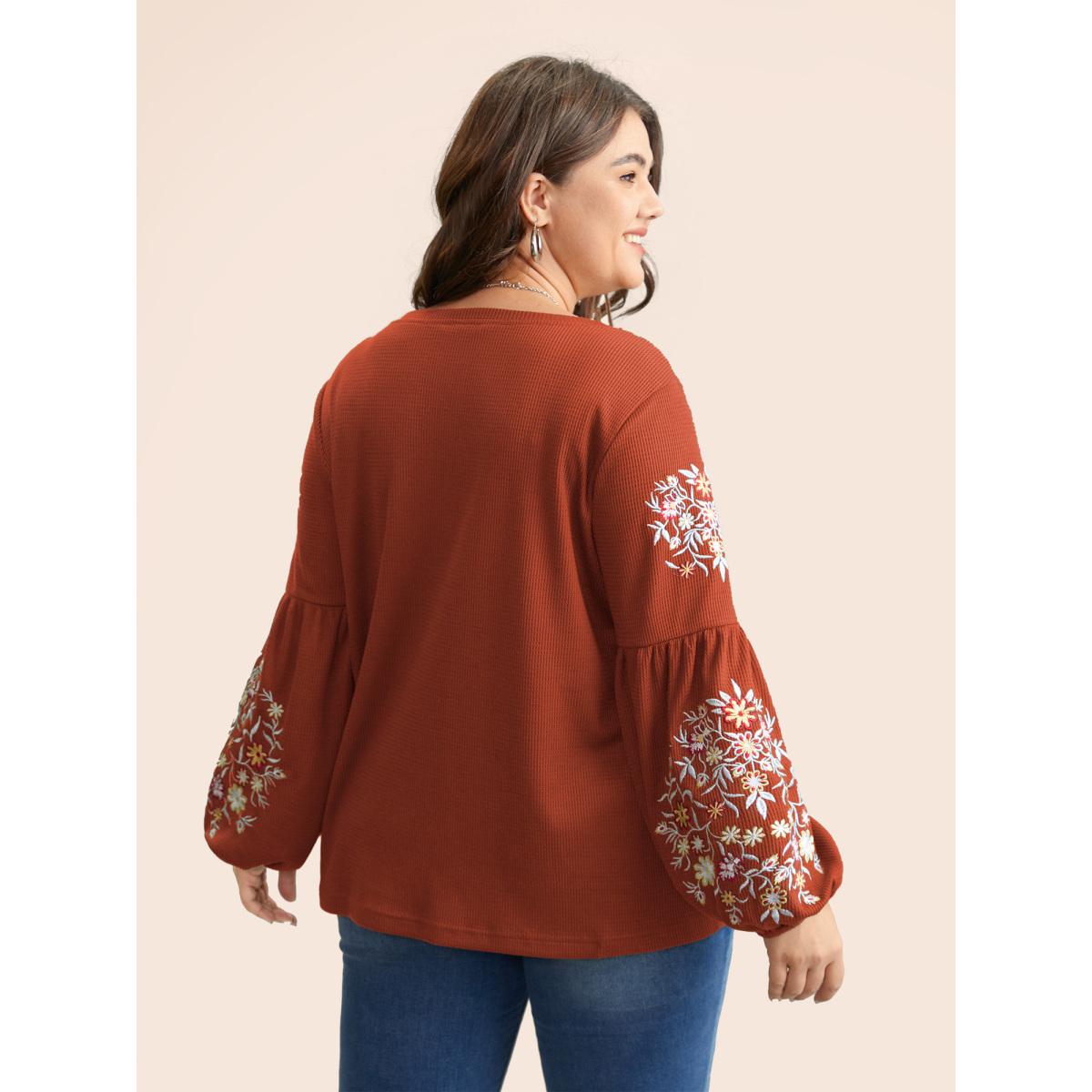 Plus Size Waffle Knit Floral Embroidered Lantern Sleeve T-shirt Rust Women Leisure Texture Floral Round Neck Casual T-shirts BloomChic 18-20/2X Product Image