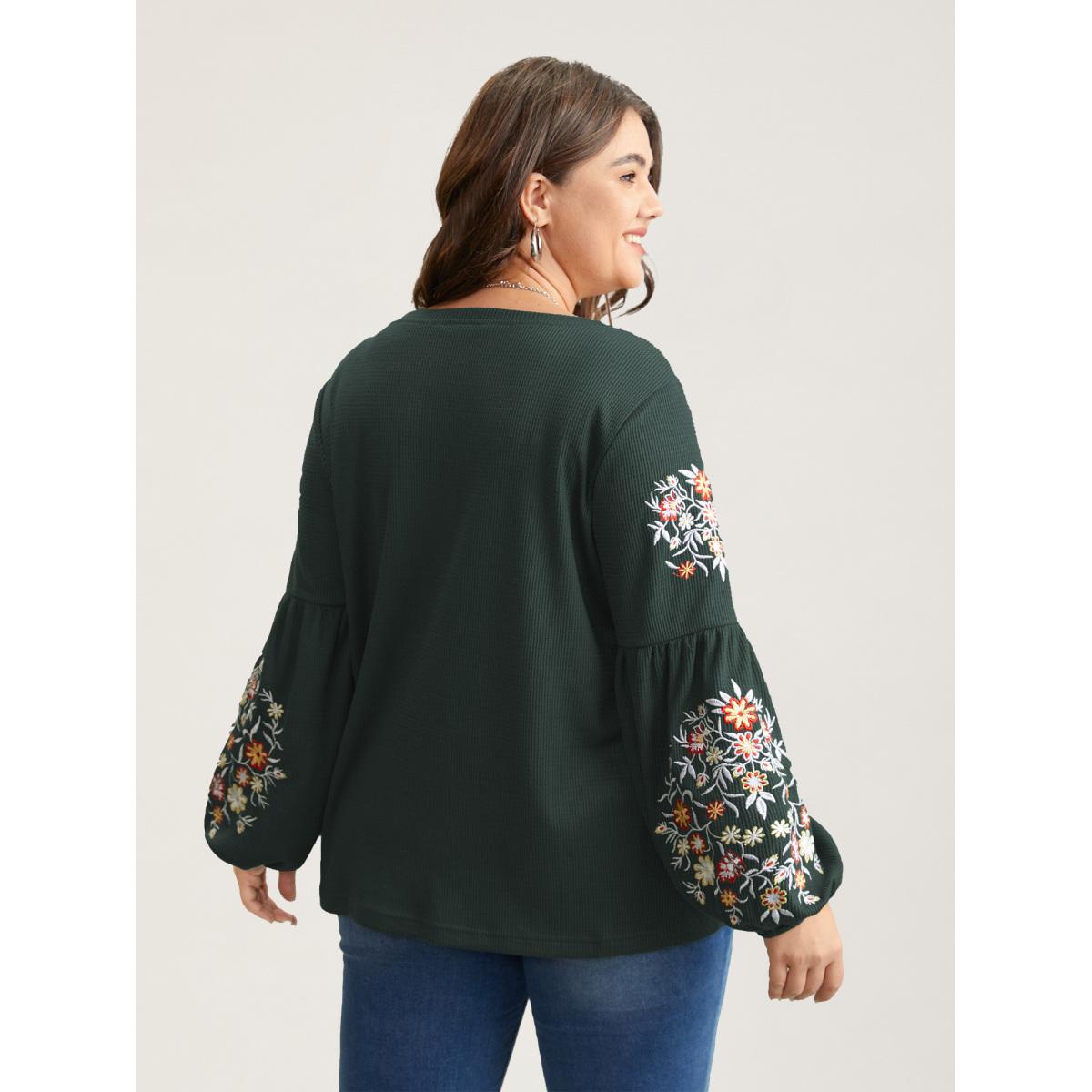Plus Size Waffle Knit Floral Embroidered Lantern Sleeve T-shirt DarkGreen Women Leisure Texture Floral Round Neck Casual T-shirts BloomChic 10/M Product Image