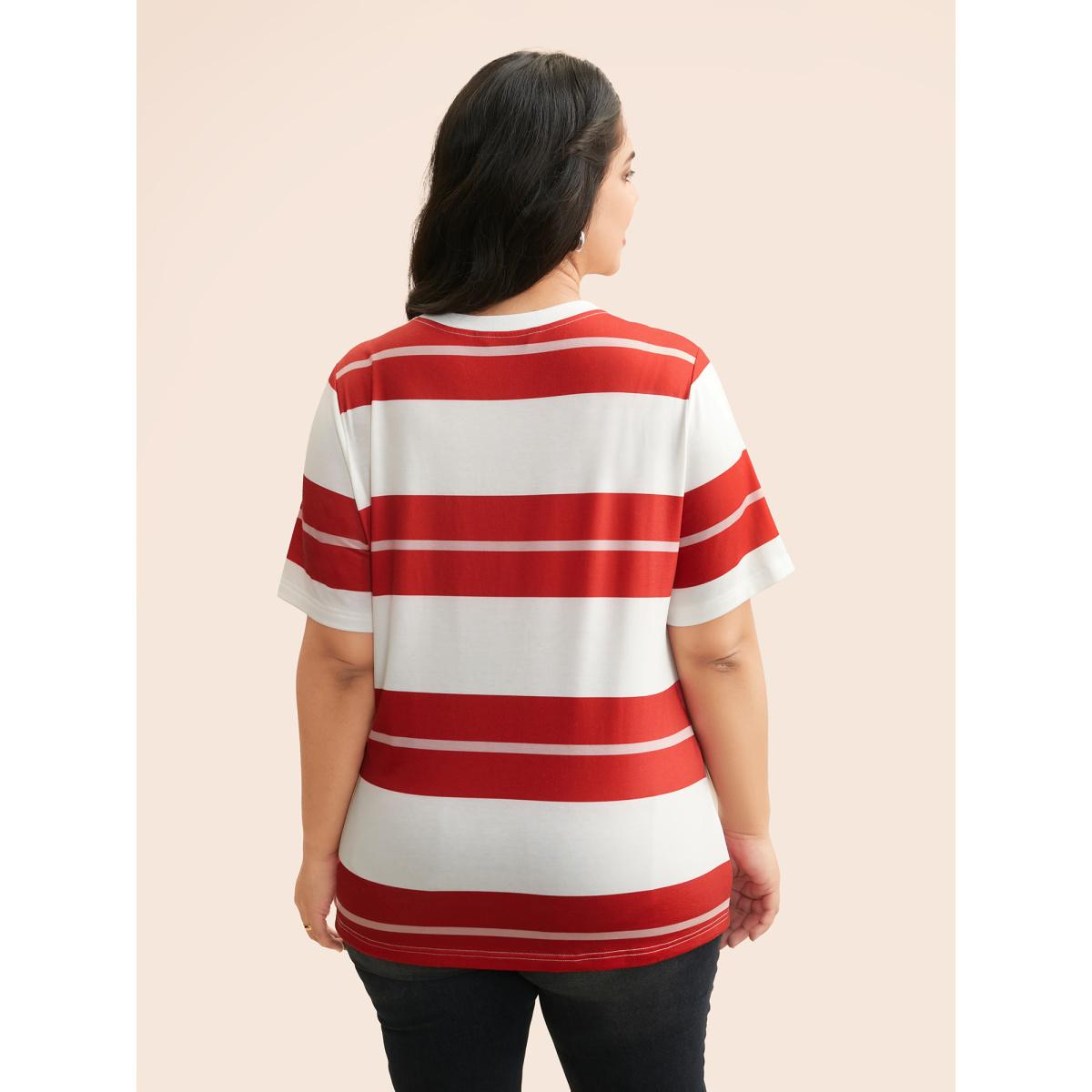 Plus Size Crew Neck Contrast Striped T-shirt Multicolor Women Casual Contrast Round Neck Everyday T-shirts BloomChic 22-24/3X Product Image