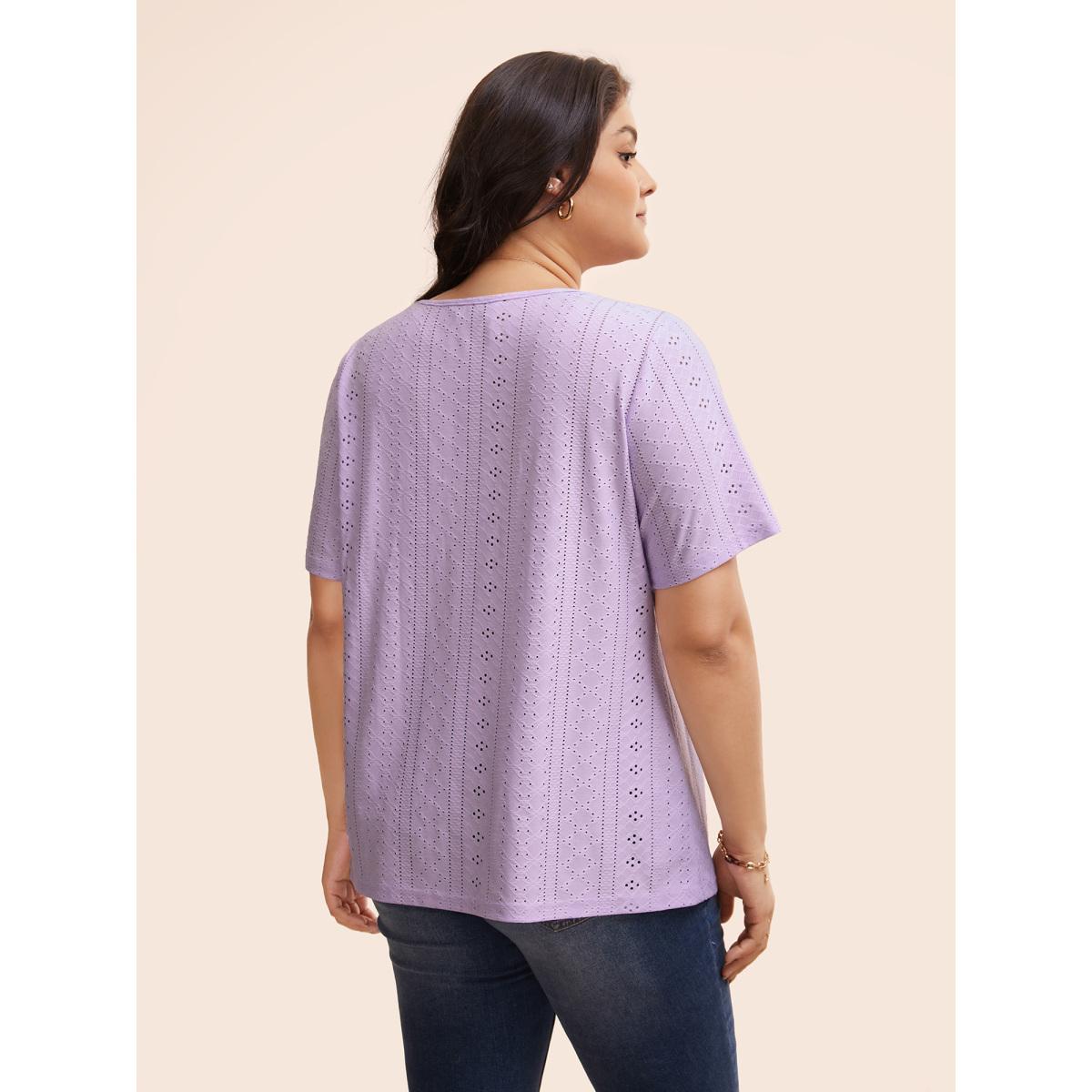 Plus Size Solid Round Neck Broderie Anglaise T-shirt Lavender Women Elegant Woven ribbon&lace trim Round Neck Everyday T-shirts BloomChic 12/L Product Image