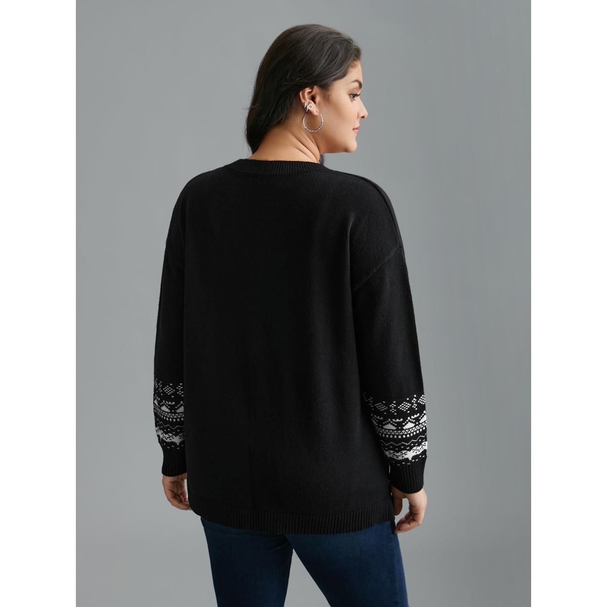 Plus Size Supersoft Essentials Jacquard Sleeve Side Slit Pullover Black Women Casual Loose Long Sleeve V-neck Everyday Pullovers BloomChic 12/L Product Image