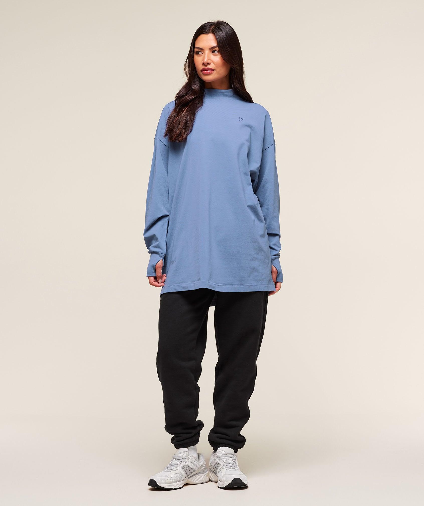 Gymshark Covered Longline Cotton Long Sleeve Top - Worn Blue Female Product Image
