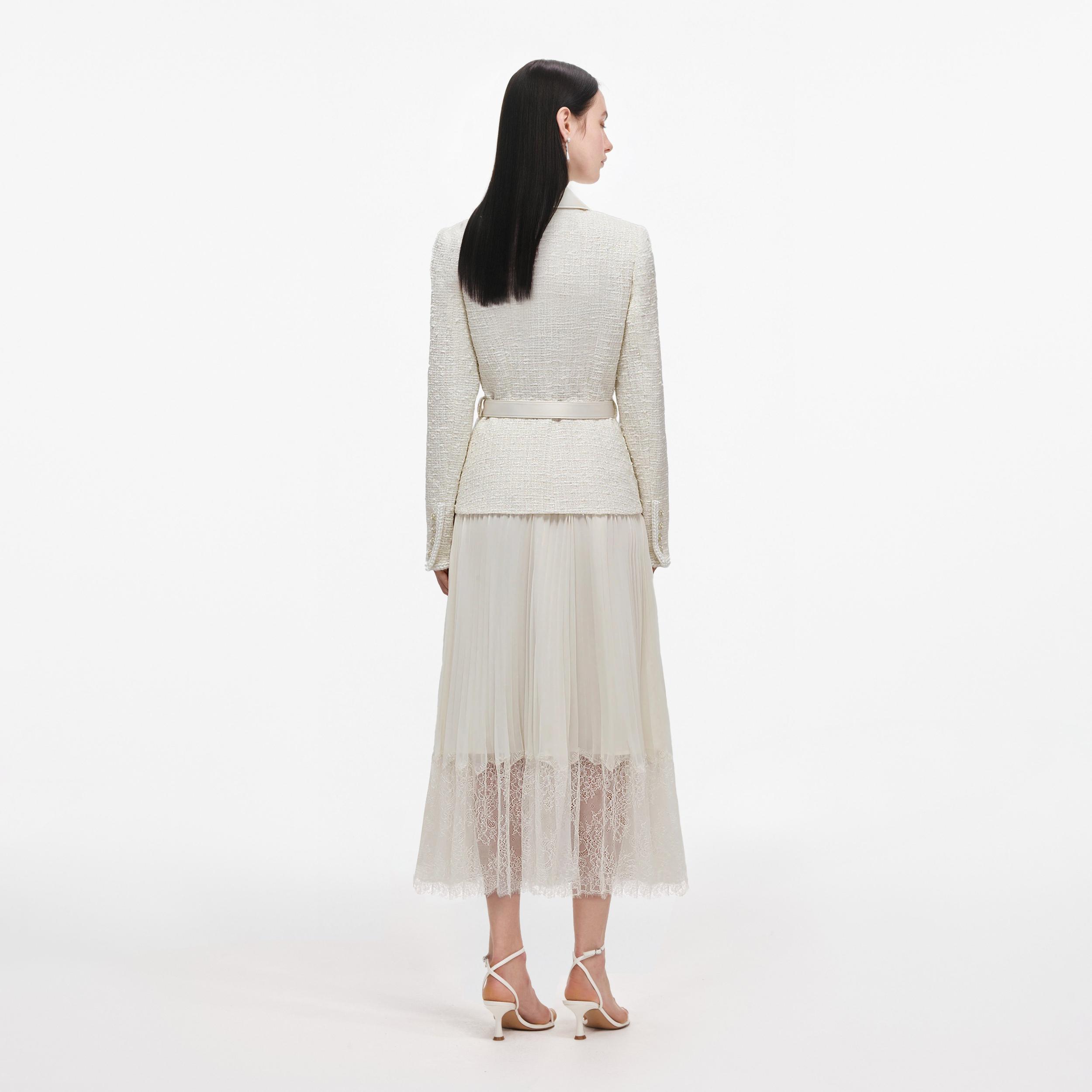 Cream Tailored Bouclé And Chiffon Midi Dress Product Image