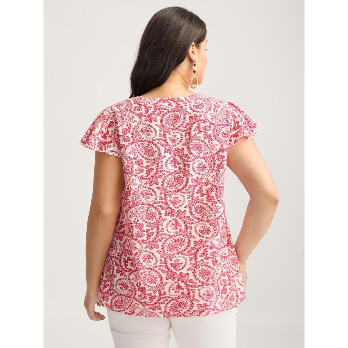 Plus Size Raspberry Paisley Print Notched Collar Blouse Women Cap Sleeve Flat collar with V-notch Vacation Blouses BloomChic 14-16/1X Product Image