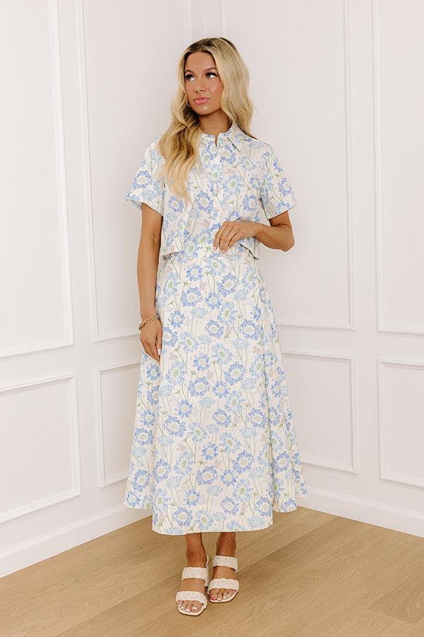 Butterfly Garden High Waist Floral Midi Skirt in Blue Product Image