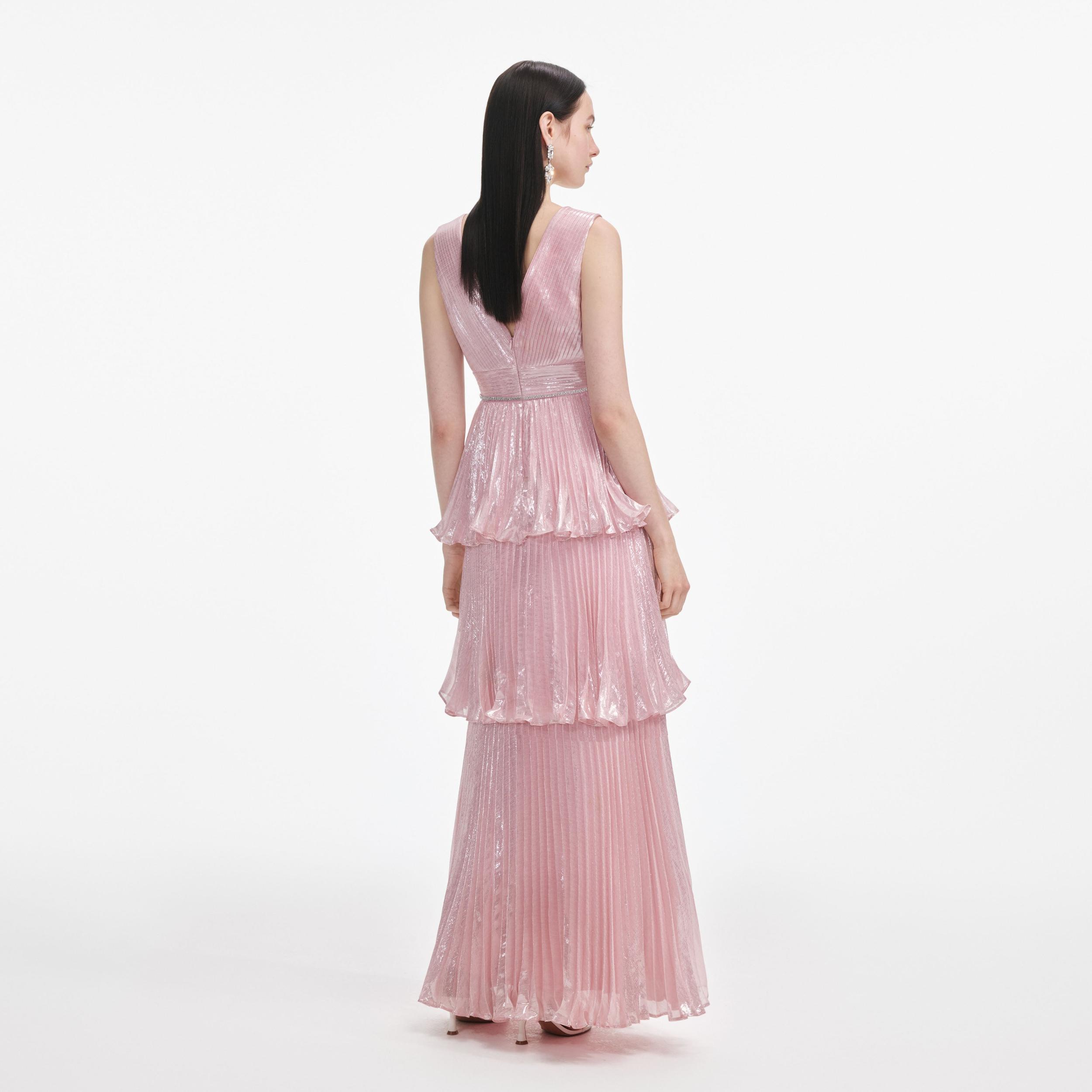 Pink Metallic Tiered Maxi Dress Product Image