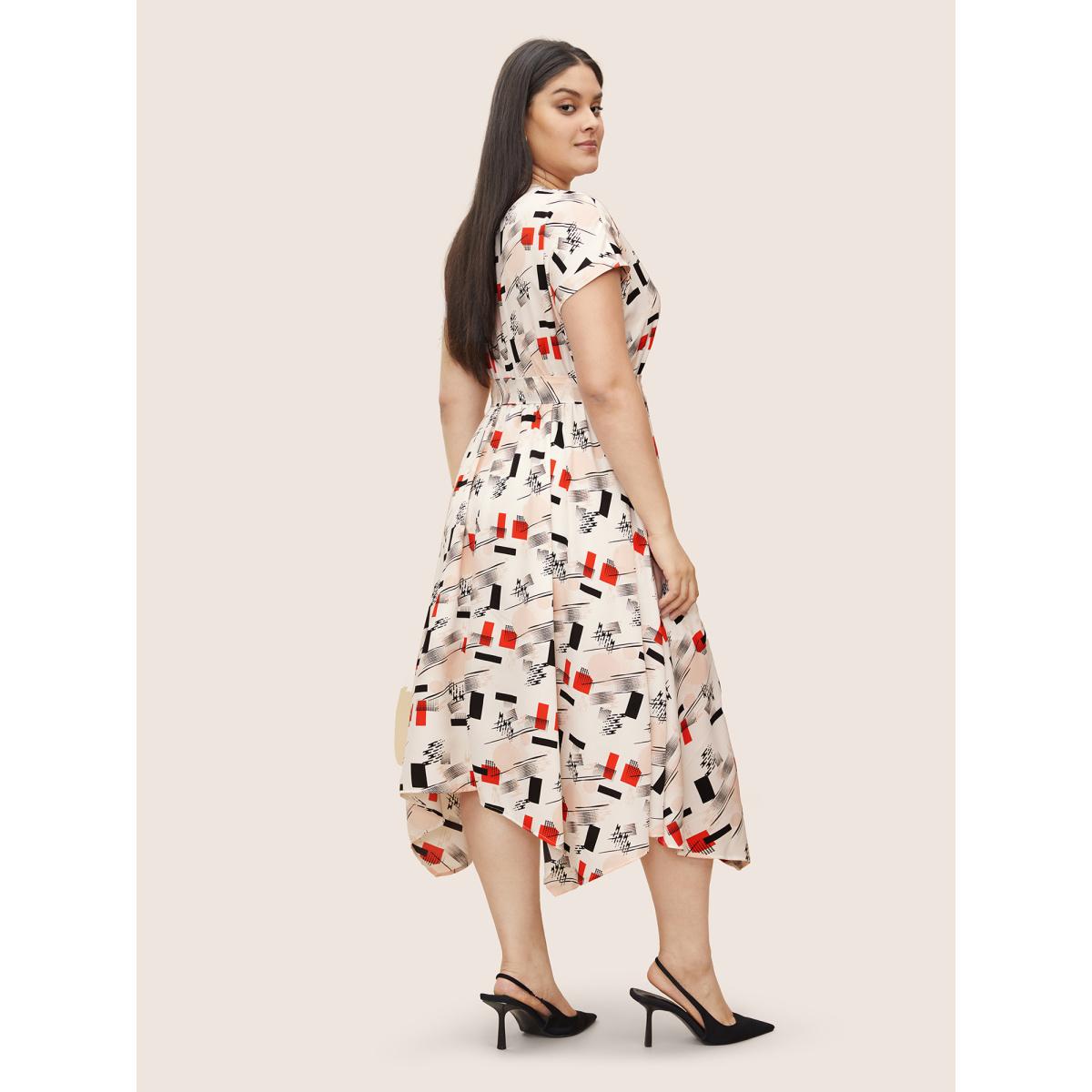 Plus Size Geometric Flat Collar With V Notch Batwing Sleeve Dress Multicolor Women At the Office Belted Flat collar with V-notch Short sleeve Curvy Midi Dress BloomChic 18-20/2X Product Image