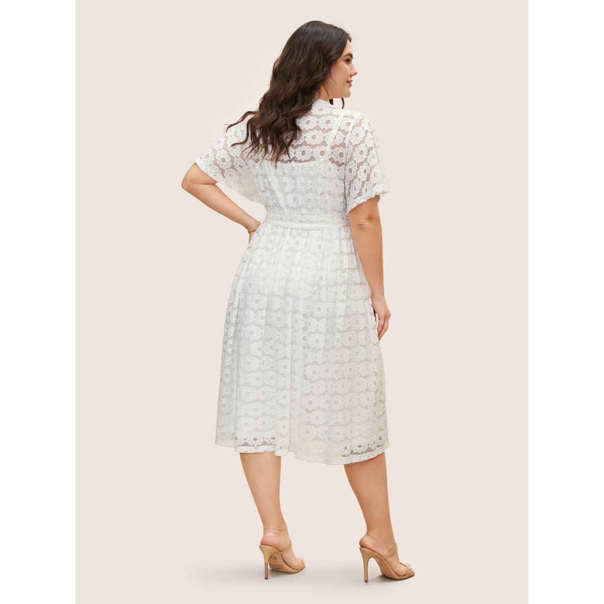 Plus Size Crochet Lace Mesh Belted Midi Dress Opticwhite Women Elegant V-neck Short sleeve Curvy BloomChic 30/6X Product Image