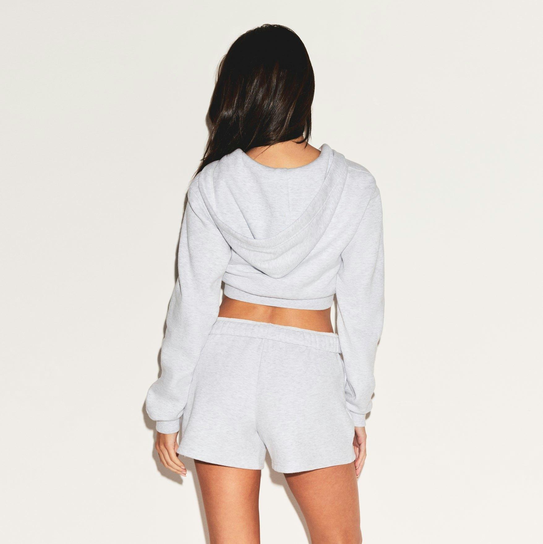 COTTON FLEECE CROPPED ZIP UP HOODIE | LIGHT HEATHER GREY Product Image