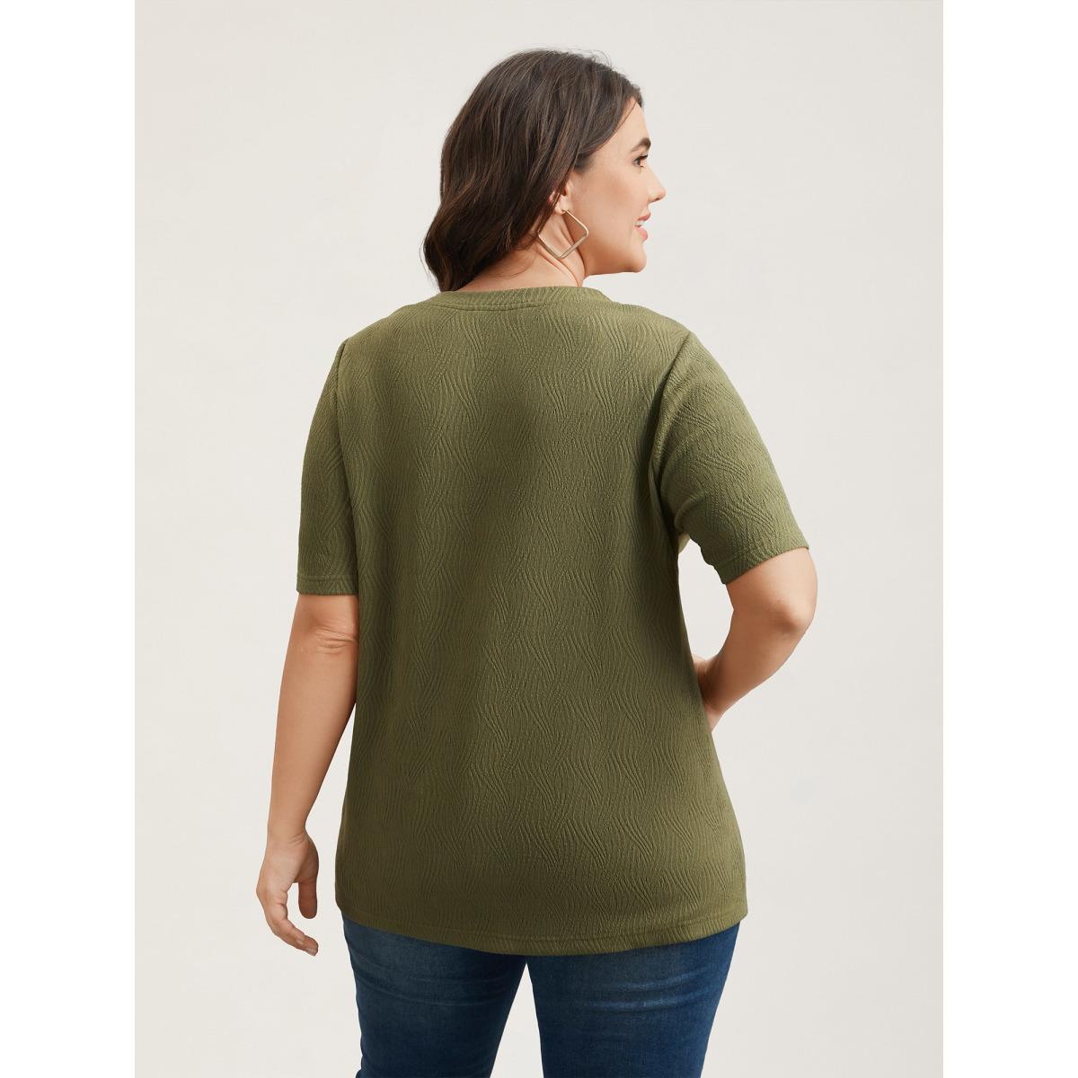 Plus Size Textured V-Neck Half Sleeve T-Shirt ArmyGreen Women Casual Texture V-neck Everyday T-shirts BloomChic 14-16/1X Product Image