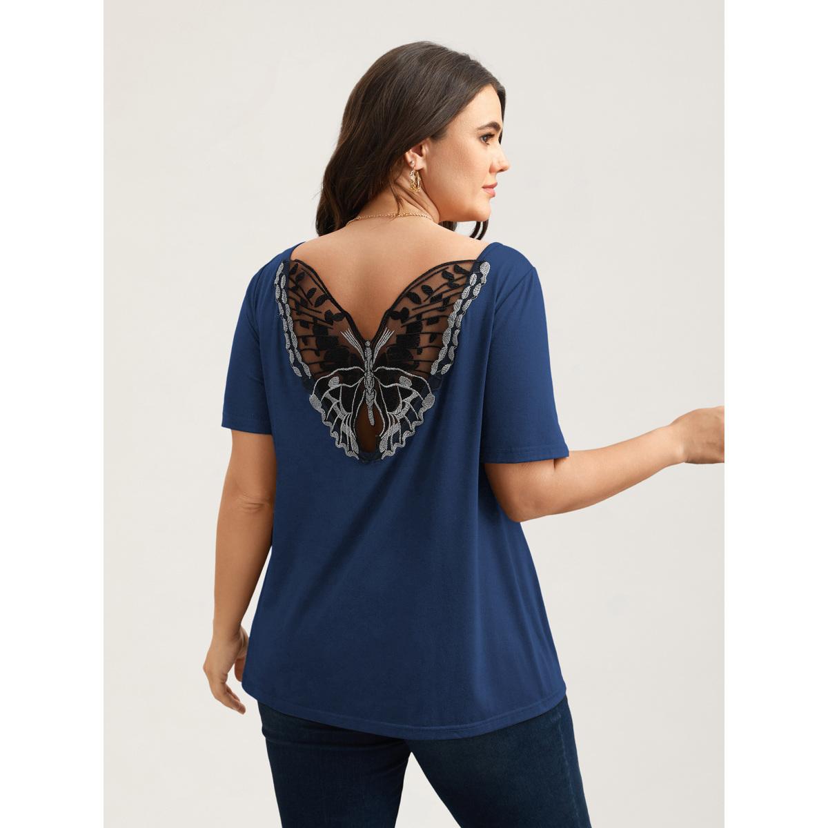 Plus Size Butterfly Back Stretchy Round Neck T-Shirt Indigo Women Leisure See through Round Neck Casual T-shirts BloomChic 12/L Product Image