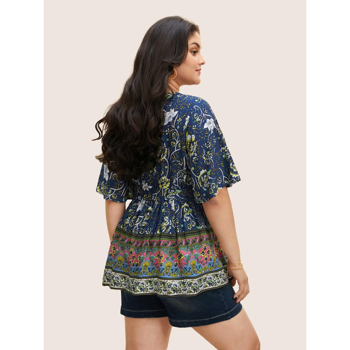 Plus Size Indigo Floral Print Ruffles Belted Blouse Women Boho Half Sleeve V-neck Vacation Blouses BloomChic 30/6X Product Image