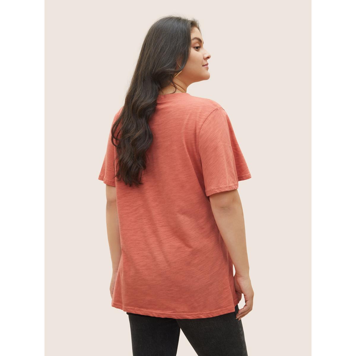 Plus Size Plain Ruffle Sleeve Heather V Neck T-shirt Rust Women Casual Plain V-neck Everyday T-shirts BloomChic 26/4X Product Image